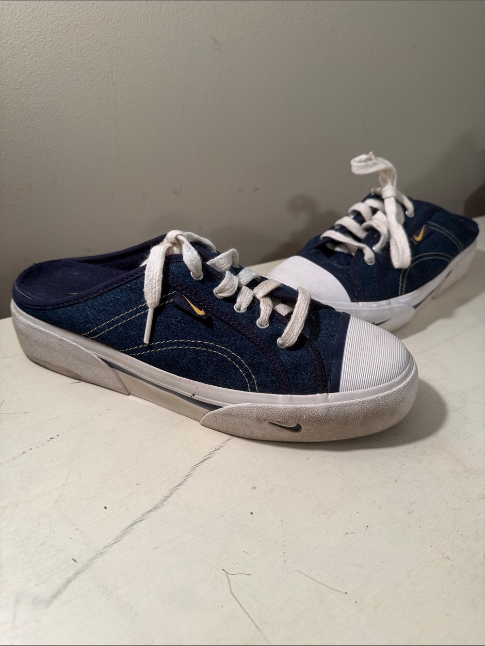 Nike Navy Blue and White Slip-On Clog Sneakers